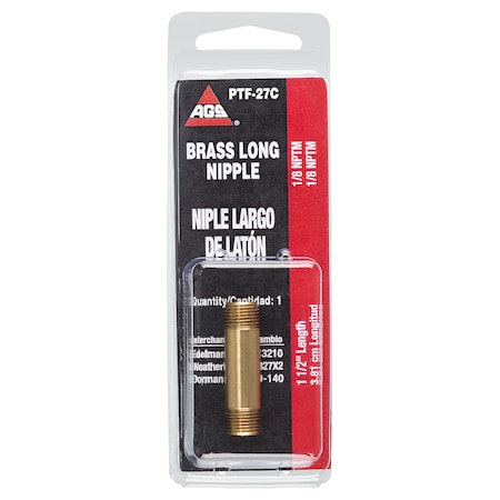 Ags Brass Long Nipple, 1-1/2 Length, Male (1/8-27 NPT), 1/card PTF-27C